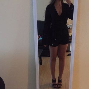 Black sparkly romper deep v cut with waist tie